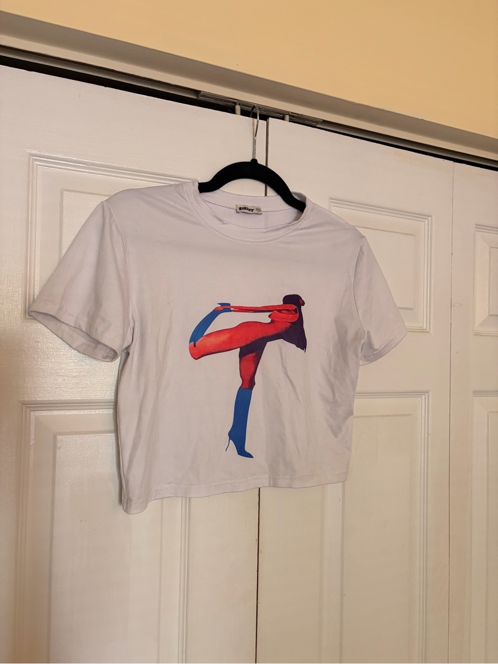 White Graphic Crop Tee with Red & Blue Motif - Women's Crop Top